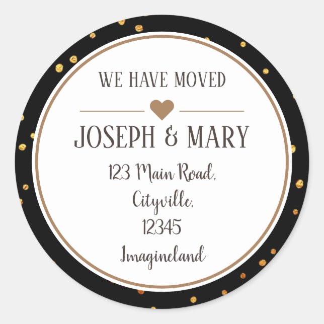 Change of address black gold marble dots modern classic round sticker (Front)