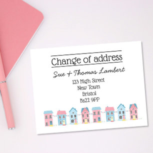 Change of address colourful street new home announcement postcard