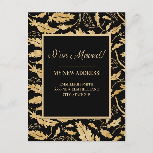 Change of Address Elegant Black Gold Leaves Postcard (Front)