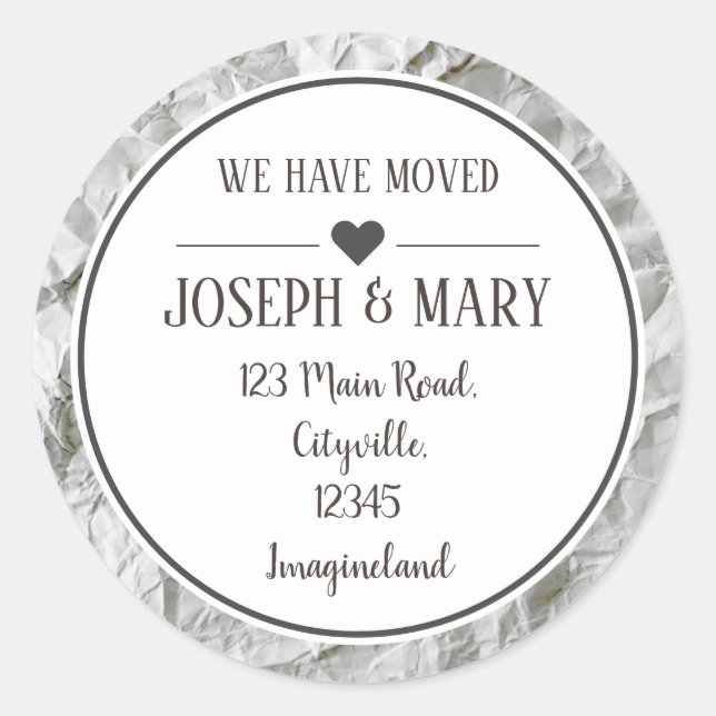 Change of address paper crinkled classic round sticker (Front)