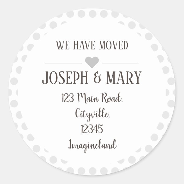 Change of address silver gray polka dots classic round sticker (Front)