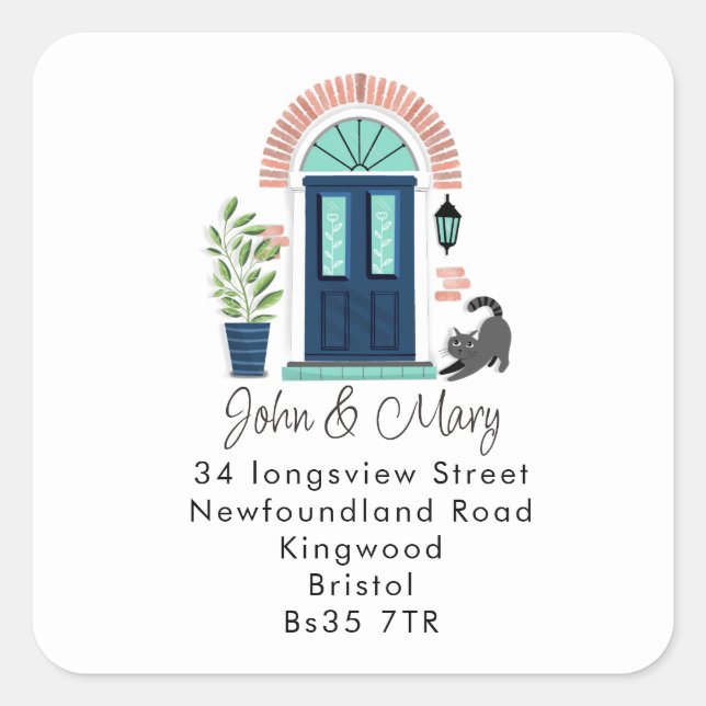 Change of Address sticker Blue front door & Cat (Front)