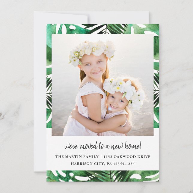 Change of Address Watercolor Green Leaves Photo Announcement (Front)