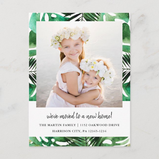 Change of Address Watercolor Green Leaves Photo Announcement Postcard (Front)