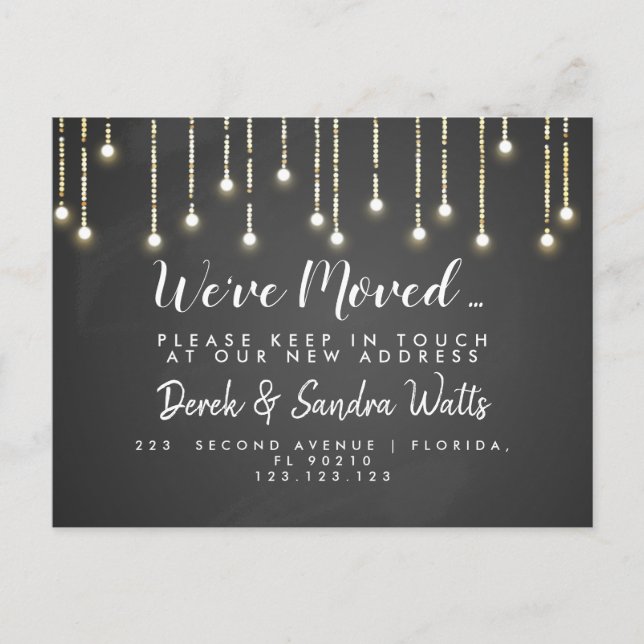 Change of address we've moved chalkboard lights announcement postcard (Front)