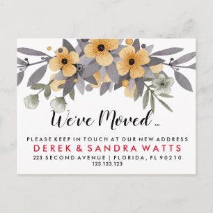 Change of address we've moved grey & yellow floral announcement postcard