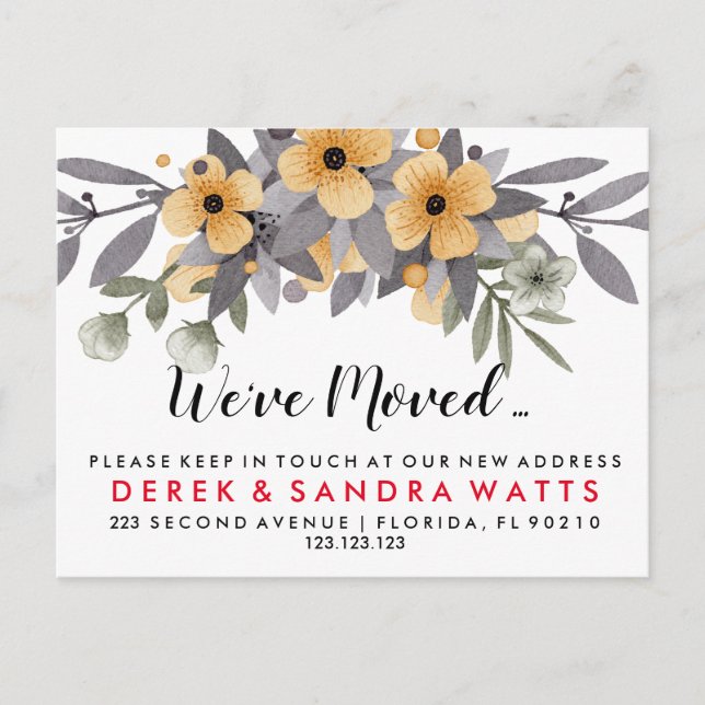 Change of address we've moved grey & yellow floral announcement postcard (Front)
