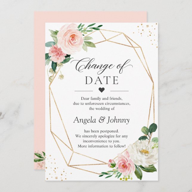 Change of Date Blush Pink Floral Gold Geometric Invitation (Front/Back)