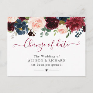 Change of Date Burgundy Blush Navy Floral New Plan Postcard