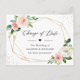 Change of Date Elegant Geometric Blush Pink Floral Postcard