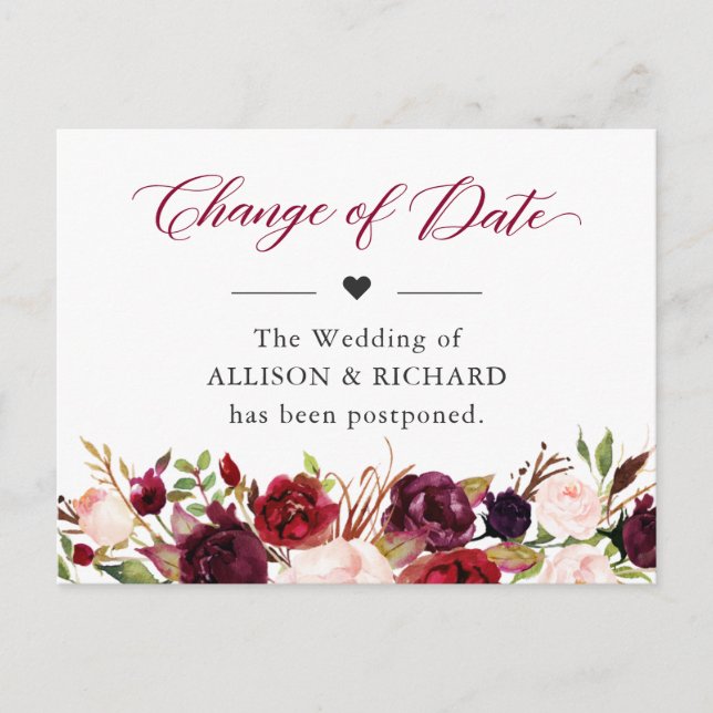 Change of Date Rustic Burgundy Red Blush Floral Postcard (Front)