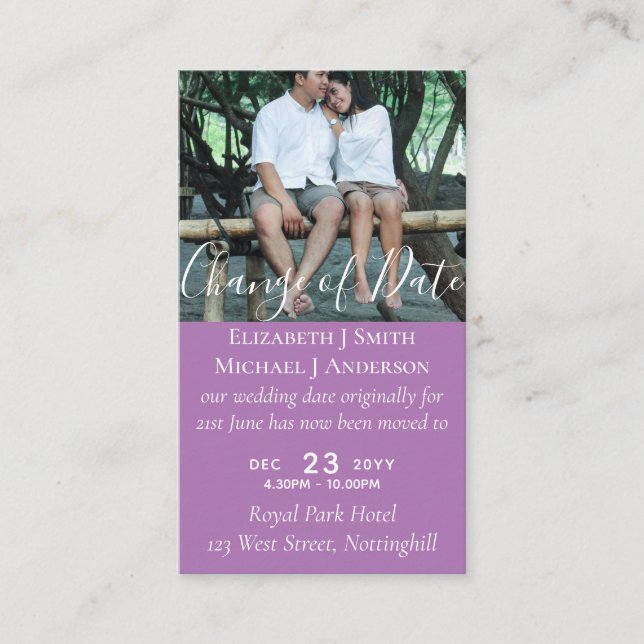 Change of Date Wedding Postponement Photo Mauve Advice Card (Front)