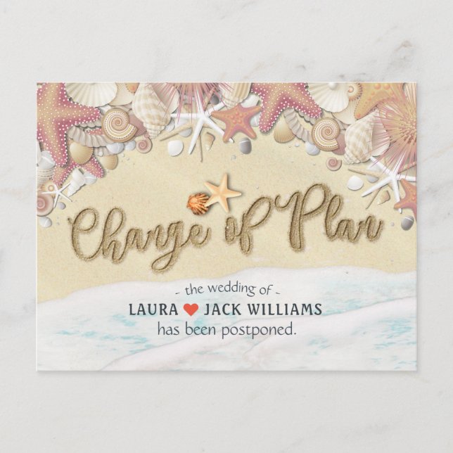 Change Of Plan Wedding Postponement Summer Beach Announcement Postcard (Front)