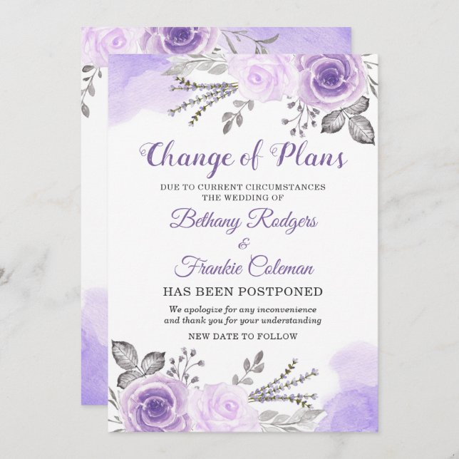 Change of Plans Announcement Chic Purple Floral (Front/Back)