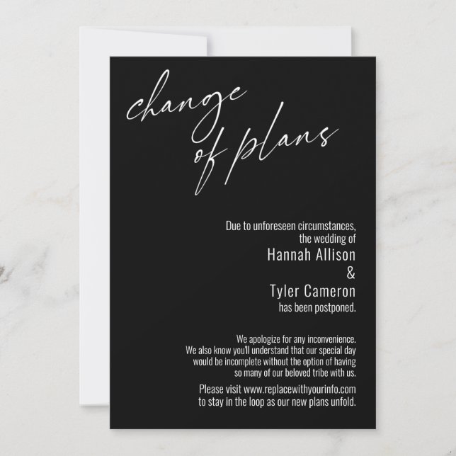 Change of Plans Black Postponed Wedding Card (Front)