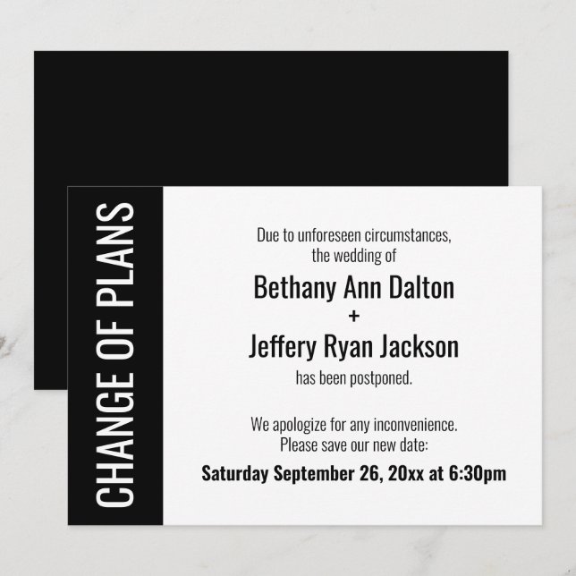 Change of Plans Bold Postponed Wedding Card (Front/Back)