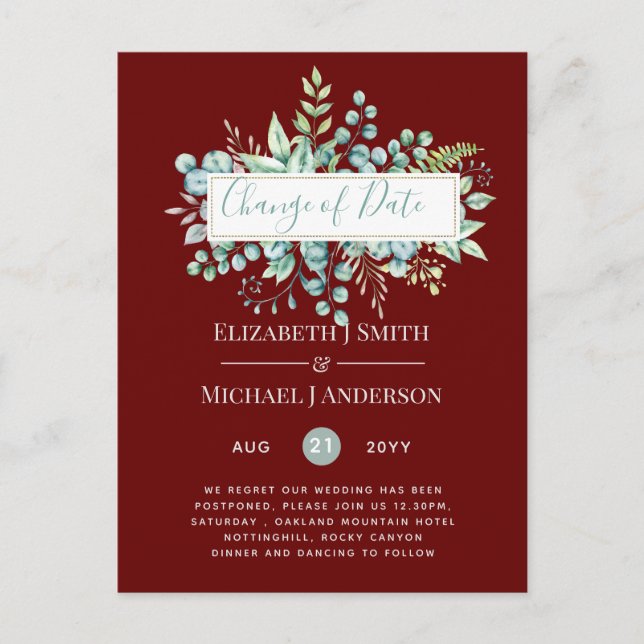 Change of Plans Date Greenery Eucalyptus Event Postcard (Front)