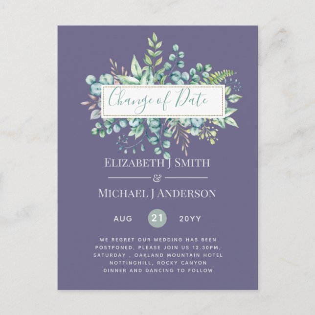 Change of Plans Date Greenery Eucalyptus Event Postcard (Front)