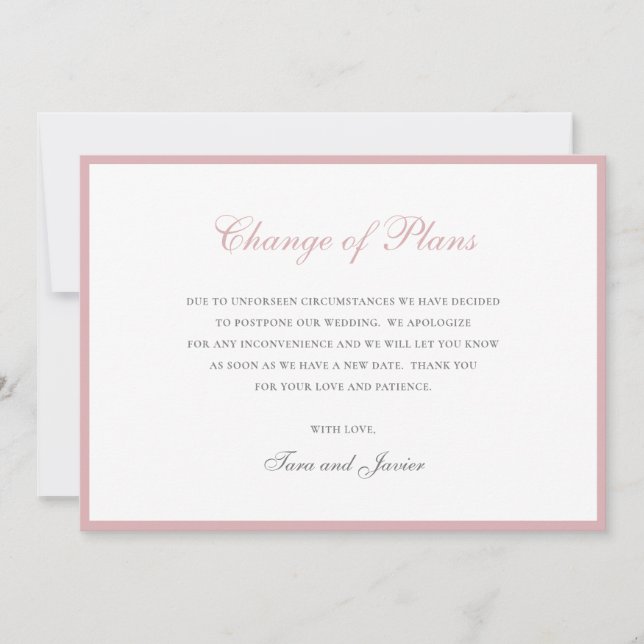 Change of Plans Dusty Rose Pink Wedding No Photo Save The Date (Front)