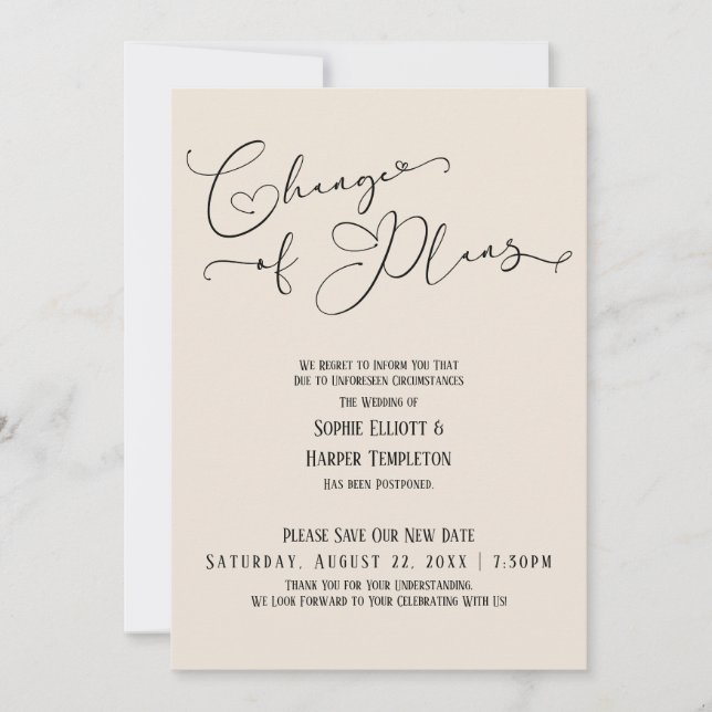 Change of Plans, Elegant Cream New Wedding Date Invitation (Front)