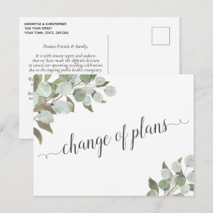 Change of Plans Eucalyptus Wedding Cancelled Announcement Postcard