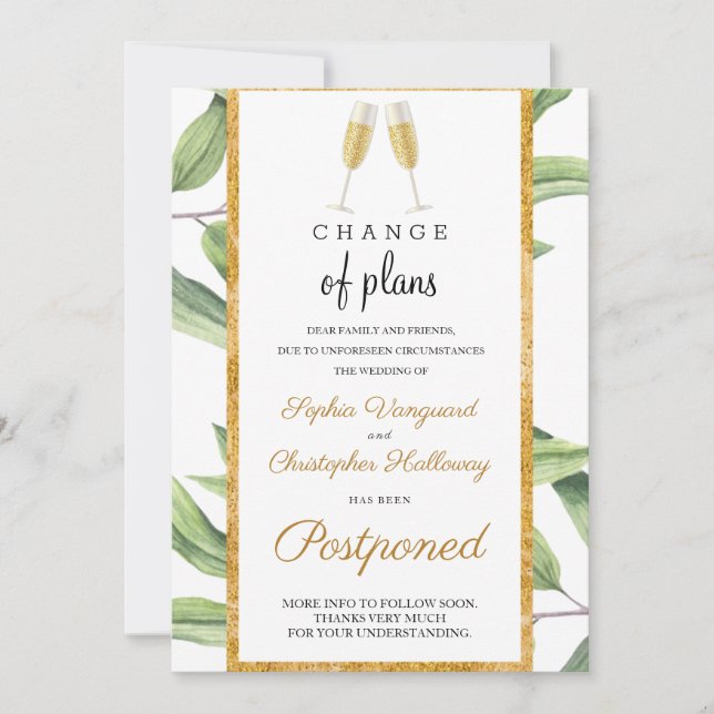 Change of Plans Gold Botanical Wedding Postponed Invitation (Front)