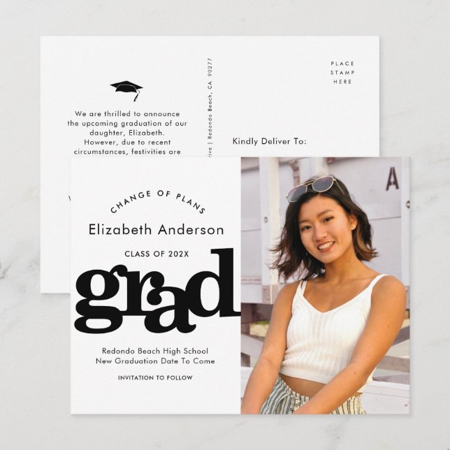 Change of plans graduation bold black typography invitation postcard (Front/Back)