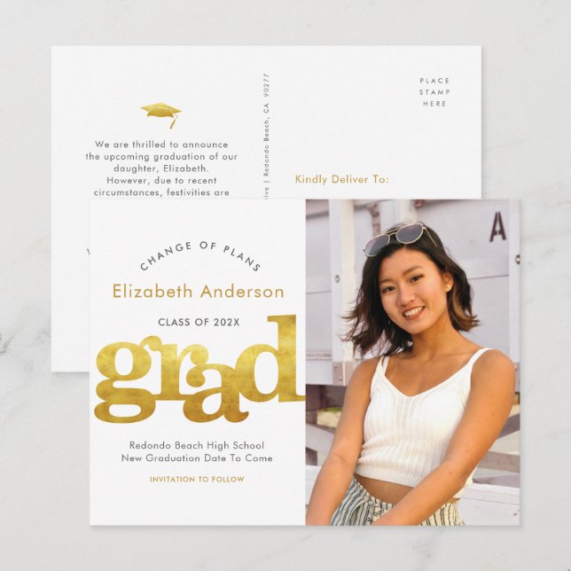 Change of plans graduation bold gold typography invitation postcard (Front/Back)