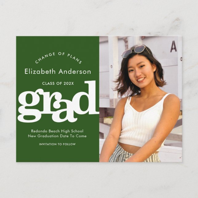 Change of plans graduation bold typography green invitation postcard (Front)