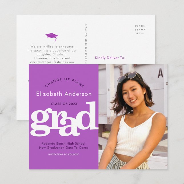 Change of plans graduation bold typography purple invitation postcard (Front/Back)