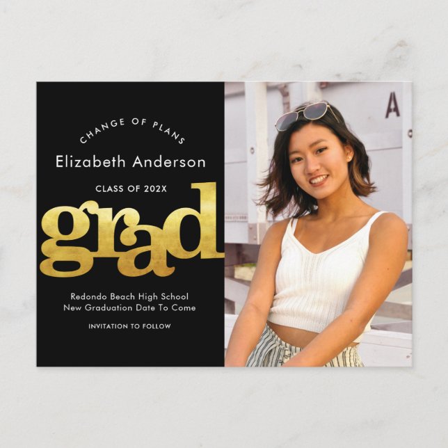 Change of plans graduation gold black typography invitation postcard (Front)