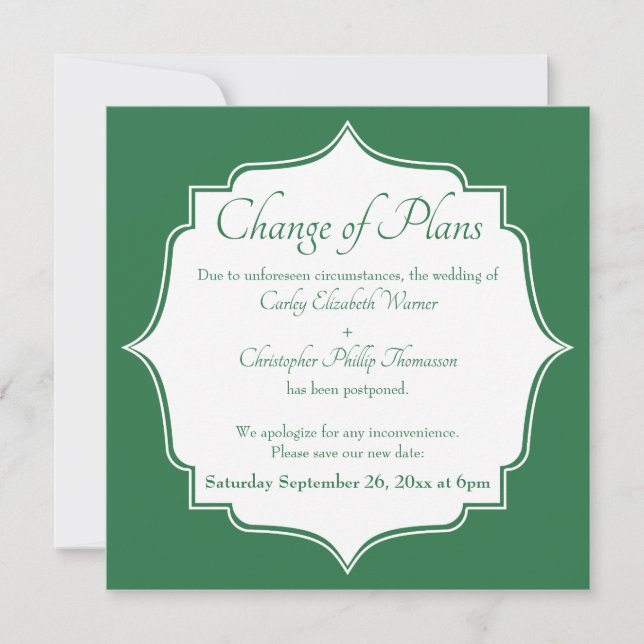Change of Plans Green Postponed Wedding Card (Front)