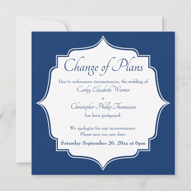 Change of Plans Navy Postponed Wedding Update Card (Front)