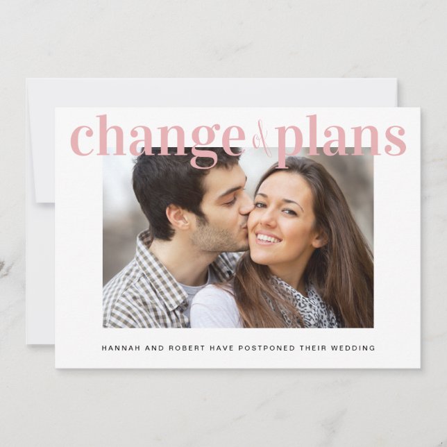 Change of Plans Photo Pink Wedding Postponement Announcement (Front)