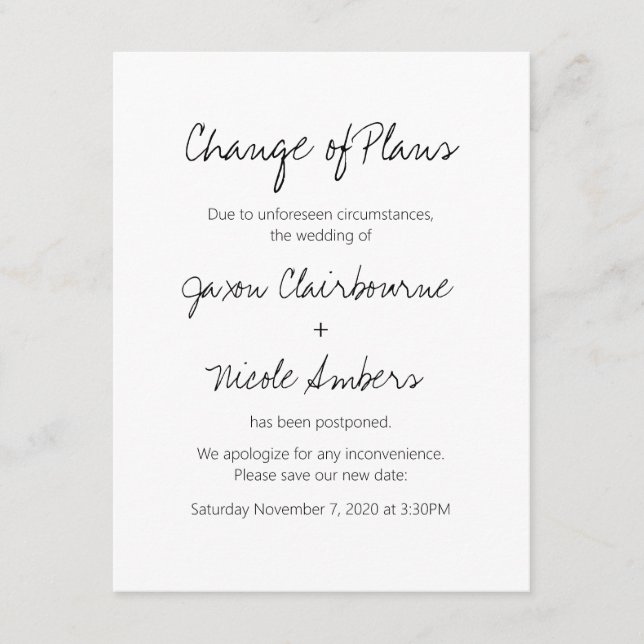 Change of Plans Postpone Wedding Enclosure Card (Front)