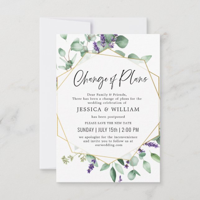 Change Of Plans Postponed Eucalyptus Lavender Invitation (Front)