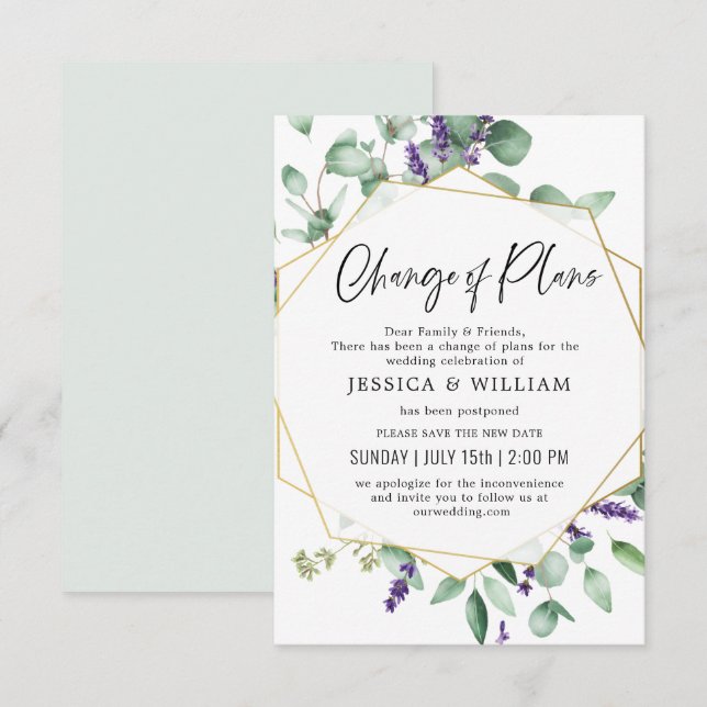 Change Of Plans Postponed Eucalyptus Lavender Invitation (Front/Back)