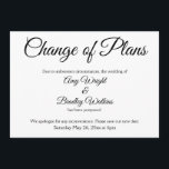 "Change of Plans" Postponed Wedding Announcement<br><div class="desc">Here's an elegant, simple card for notifying your guests if it's become necessary to change your wedding date. Use the template fields to add your personal details and make this unique, modern design your own. The white background can be changed to any colour you prefer. All fonts and colours are...</div>