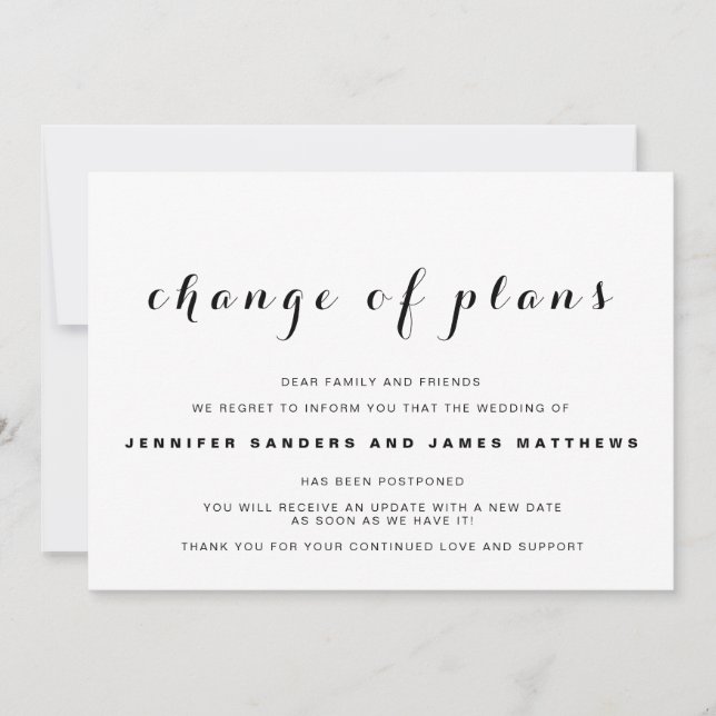 "Change of Plans" Postponed Wedding Announcement (Front)