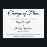 Change of Plans Postponed Wedding Announcement<br><div class="desc">Here's a simple card for notifying your guests if it's become necessary to change your wedding date. Use the template fields to add your personal details and make this elegant, minimalist design your own. The white background can be changed to any colour you prefer. All fonts and colours are also...</div>