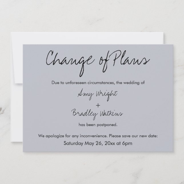 "Change of Plans" Postponed Wedding Blue Card (Front)
