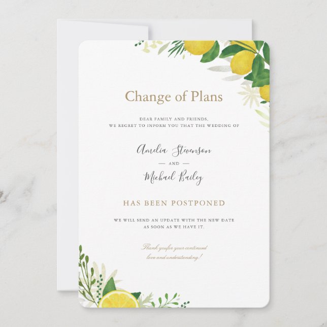 Change of Plans postponed wedding invitation (Front)