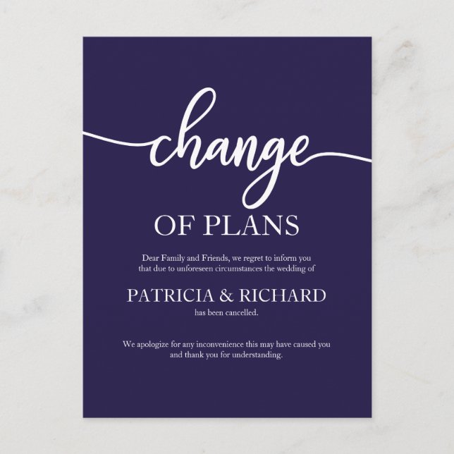 Change Of Plans Postponed Wedding Navy Blue Postcard (Front)