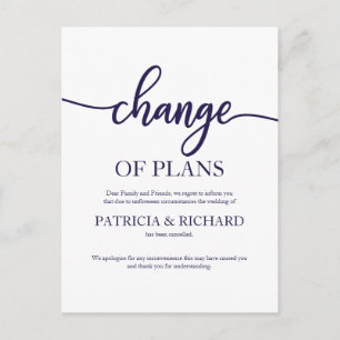 Change Of Plans Postponed Wedding Navy Blue Script Postcard
