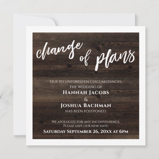 Change of Plans Postponed Wedding Rustic Wood Card (Front)