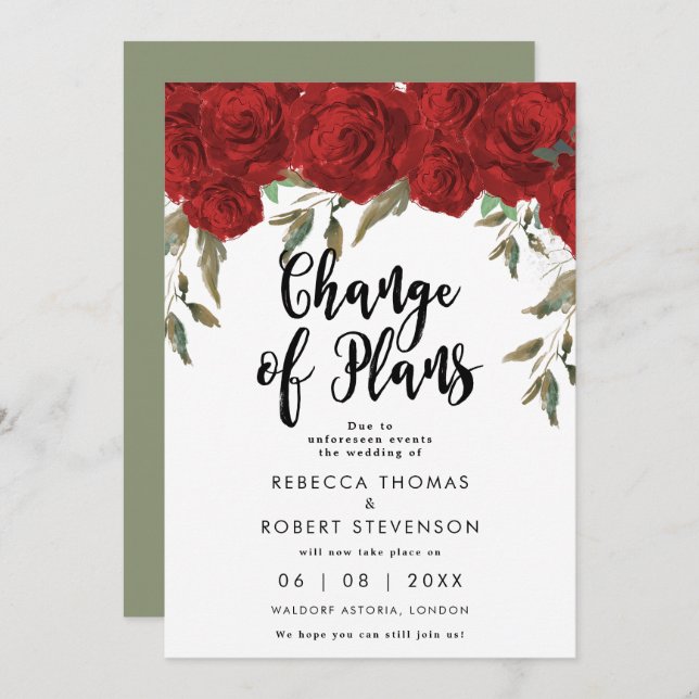change of plans red roses wedding invitation (Front/Back)