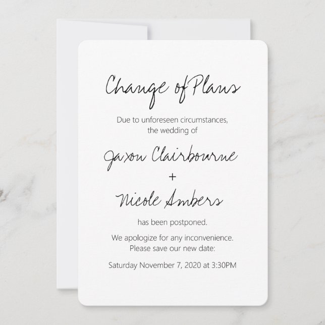 Change of Plans Reschedule Photo Wedding or Event Invitation (Front)