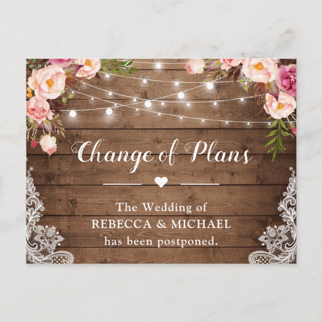 Change of Plans Rustic Floral Lace String Lights Postcard (Front)