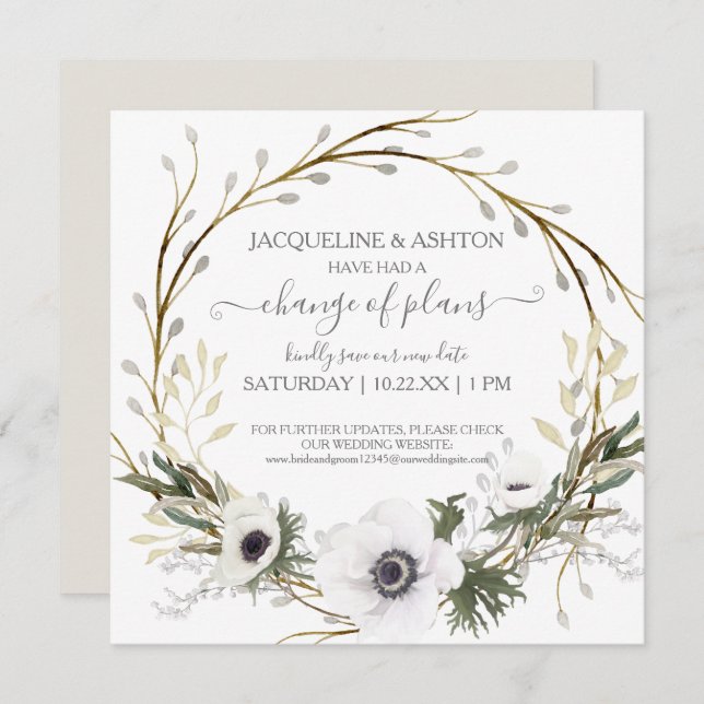 Change of Plans Script Grey White Floral Greenery Invitation (Front/Back)