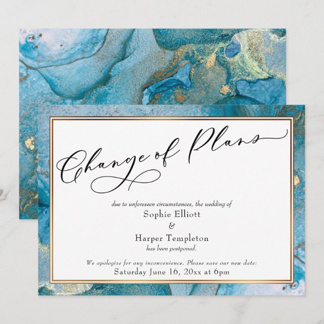 Change of Plans Teal Gold Postponed Wedding Card (Front/Back)